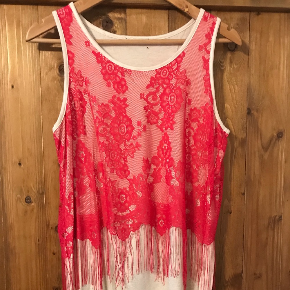 Lace overlay fringed tank